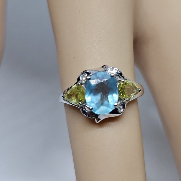 Signed YJ Blue Topaz & Peridot Gem Stones 10K White Gold Ring Size 7 - Picture 12 of 12